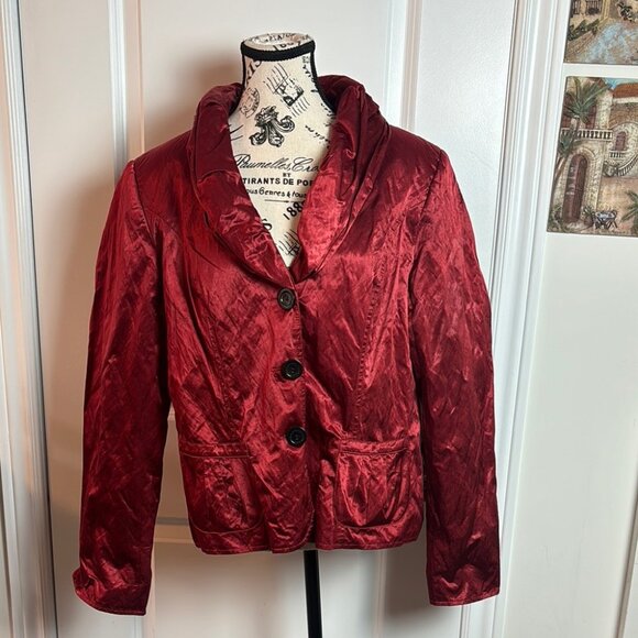 Joseph Ribkoff Shiny Blazer Jacket Sz 16 Red Double Ruffle Collar Button Closure